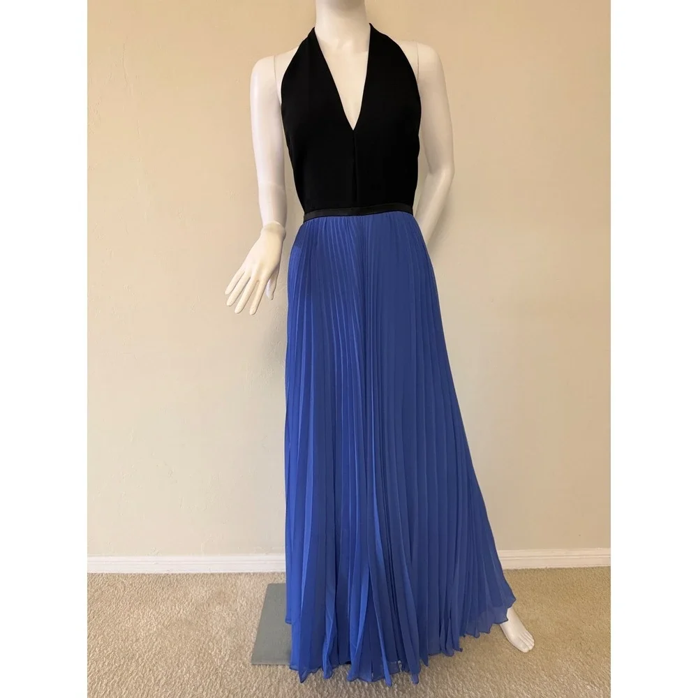 Halston Heritage Periwinkle Black Pleated Halter Maxi Gown Dress Size 12 New - Picture 3 of 17